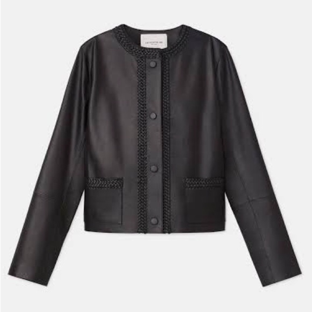 Lafayette 148 NY Alden Braided Trim Lambskin Leather Jacket 3X Excellent
